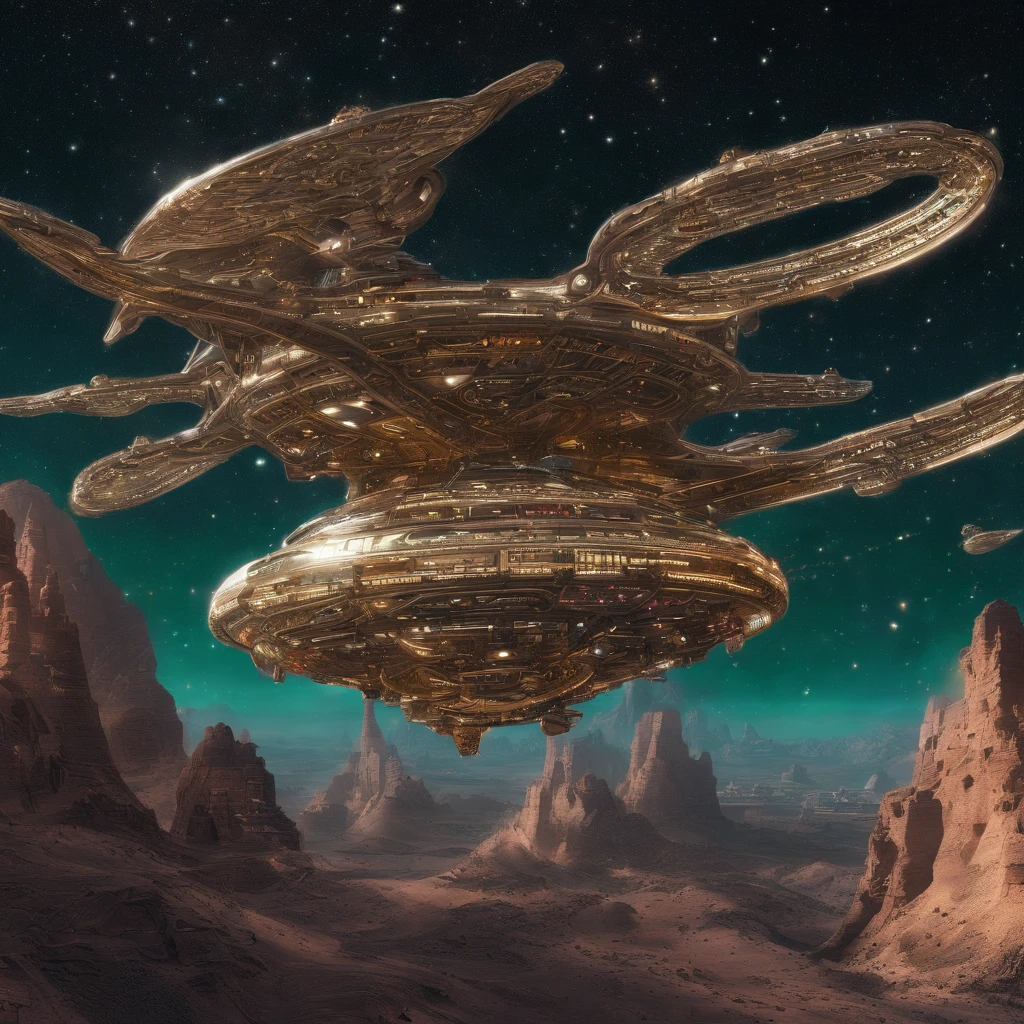 Starship Enterprise, using Harlan Ellison's and Matt Jeffries' stylistic elements with detailed work in a Mike & Denise Okuda vein, cosmicpunk style complexity in design with rustic brown gears, levers, neon metallic cherry and forest green matte hull, backdrop of many stars and distant ships, with a focus on intricate aesthetics, 750 UHD resolution 4D vibrant diamond gold nacelles.