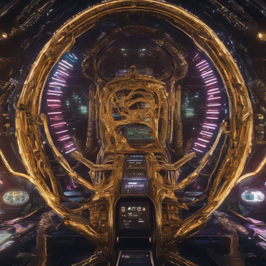 Starship Enterprise, using Harlan Ellison's and Matt Jeffries' stylistic elements with detailed work in a Mike & Denise Okuda vein, cosmicpunk style  complexity in design with rustic brown gears, levers, neon metallic cherry and forest green matte hull, backdrop of many stars and distant ships, with a focus on intricate aesthetics, 750 UHD resolution 4D vibrant diamond gold nacelles.