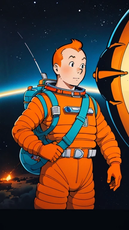 (Teens:1man: Tintin), (extremely detailed CG unit 8k wallpaper),(master part), (best quality), (ultra detali), (best illustration),(Osamu Tezuka), cowboy shot, (Sharp eyeliner, ombre, detailed eyes:1),Dark midnight derelict spaceship interiors background, ,break , (astronaut in an orange space suit), upper body, short hair, orange hair