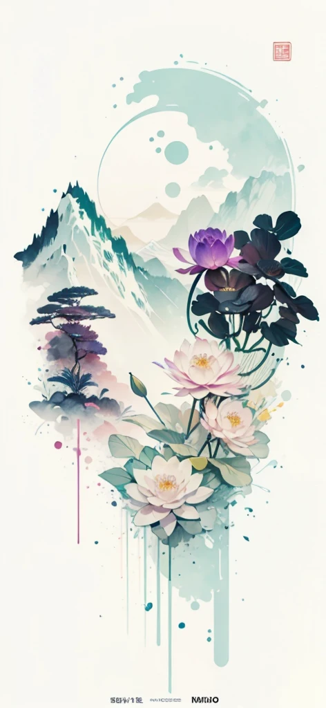 (Art by Numbers,Inks and washes:1.2)，Nobody, Mountain々, wood, Rivers，Flowers，Lotus flower，Purple Flower,沢Mountainの花(Oriental elements, Chinese colors, Senior Color Matching),  (3D sculpture，Rendering with Octane，Volumetric Light，Natural soft light，), (Very delicate:1.2, Losing focus:1.2, Very colorful, Cinema Lighting, Chiaroscuro,Ray Tracing), masterpiece, Super rich,Very detailed,8k, Zurrison_style_wonderful_wall