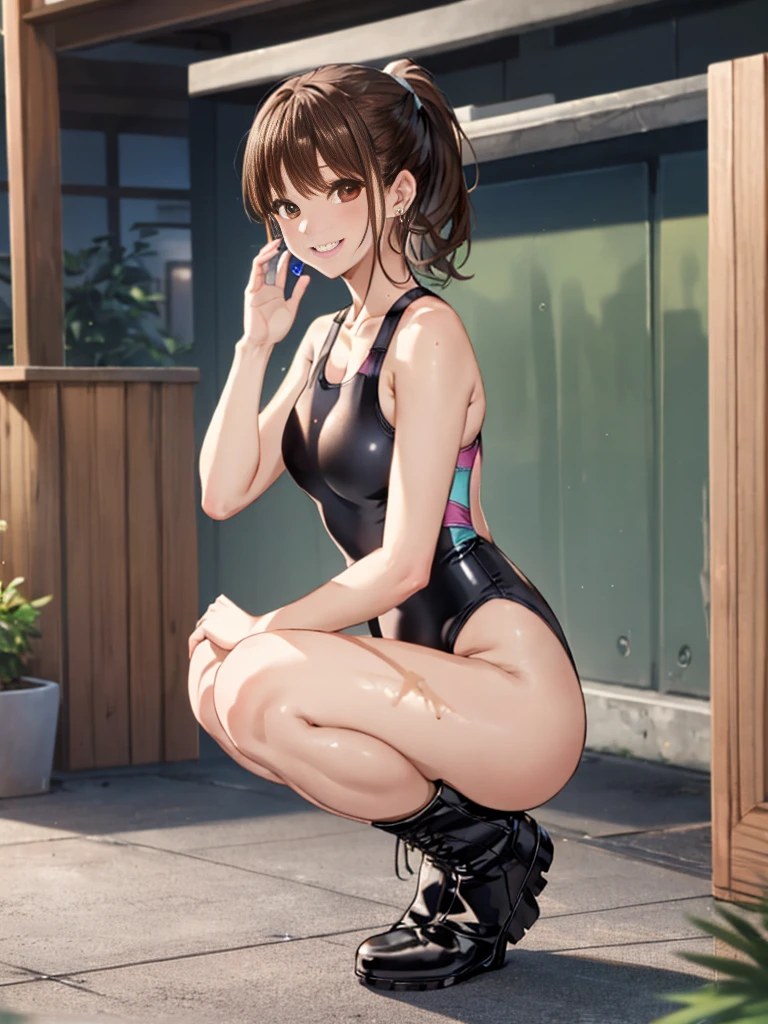 ((full body)),(Highly detailed CG), (Highest quality), Perfect Face, Glowing Skin, Shiny skin,Wide Hips, ((Squat)),  One girl,alone , ((shirokoswimsuit)), MioSuto,Iris,star(symbol),Black Hair, Earrings, Knee-high boots, Brown eyes, ponytail, Brown Hair, smile,Thick thighs，Butt, Butt focus, Recall, smile