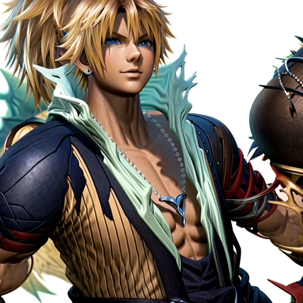 (masterpiece, Highest quality:1.2,Simple Background,White Background,Anime Style),One boy,alone,Tiida \(Final Fantasy\),Blonde,blue eyes,Mouth closed,View your viewers,meanwhile,Shoulder pads,shirt,short hair,Short sleeve,smileskin,Earrings,Muscular,necklace,Jacket, Shoulder padss,View your viewers,smile