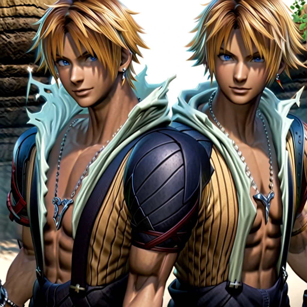 (masterpiece, Highest quality:1.2,Simple Background,White Background,Anime Style),One boy,alone,Tiida \(Final Fantasy\),Blonde,blue eyes,Mouth closed,View your viewers,meanwhile,Shoulder pads,shirt,short hair,Short sleeve,smileskin,Earrings,Muscular,necklace,Jacket, Shoulder padss,View your viewers,smile