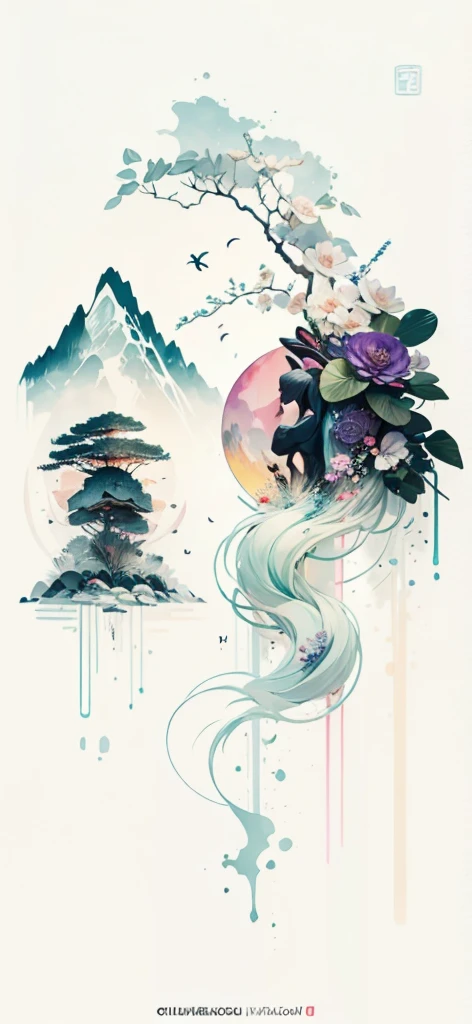 (Art by Numbers,Inks and washes:1.2),Nobody, Mountain々, wood, Rivers,Flowers,Lotus flower,Purple Flower,沢Mountainの花(Oriental elements, Chinese colors, Senior Color Matching), (3D sculpture,Rendering with Octane,Volumetric Light,Natural soft light,), (Very delicate:1.2, Losing focus:1.2, Very colorful, Cinema Lighting, Chiaroscuro,Ray Tracing), masterpiece, Super rich,Very detailed,8k, Zurrison_style_wonderful_wall