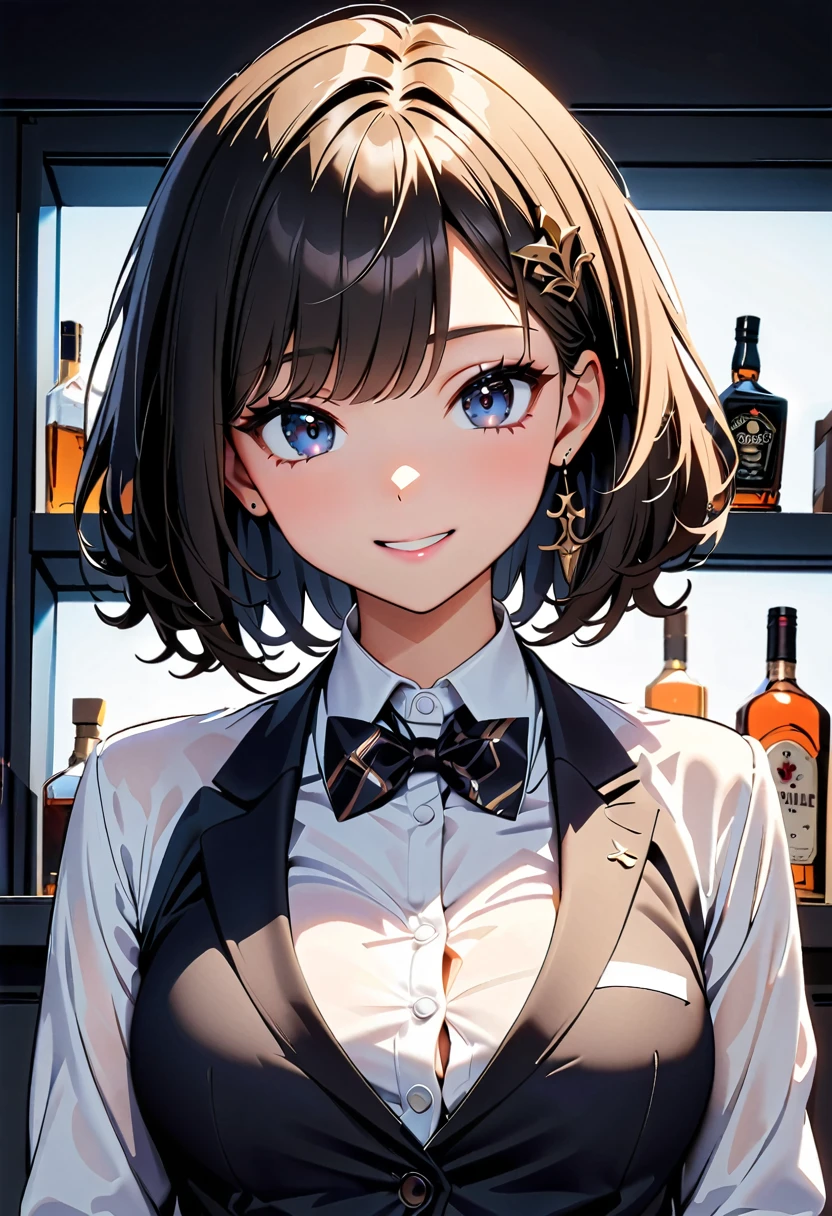 (Highest quality, 4K, High resolution, masterpiece:1.2), Very detailed, (anime, animeスタイル:1.37), Cinematic Light, Vibrant colors and captivating effects, Soft and delicate lighting, Lens flare, The overall atmosphere is beautiful and gentle.., 1 female, suit, (Black Hair, Very short hair, Dark blue eyes), Happy expression, (Very detailedな顔, Super soft lip detail, fine grain, double eyelid, Drinking whiskey:1.5, bar counter, Dark Color Palette, Glowing Skin, Anatomically correct, Background blur,