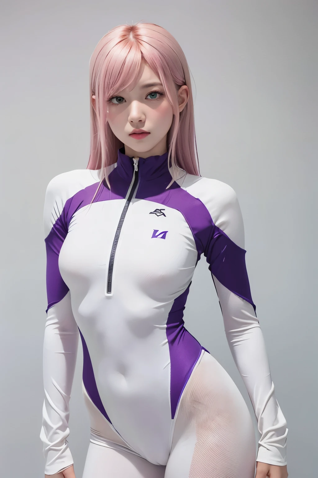 1girl,Samus aran,solo,green eyes, pink hair,white zero suit,white body suit,purple stripes,cowboy shot,blush,,Science fiction,ultra-detailed,sharp focus,aesthetic,(best quality), white background