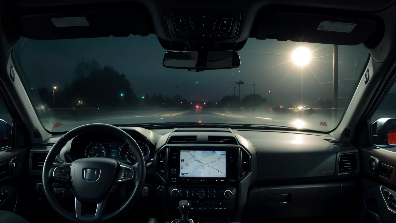 driving a truck, it's night, it's dark, fog on the sides, a view from inside the truck