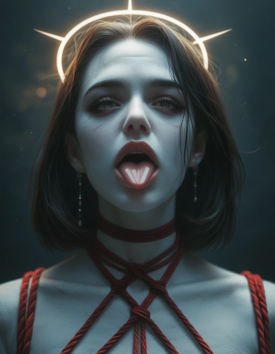 Monochromatic, surreal illustration featuring a head with a black, textured surface, devoid of facial features. The head is encircled by a white halo-like ring, creating a stark contrast against the dark background. The mouth is open wide, revealing a tongue with a piercing. The neck is wrapped with multiple ropes, adding to the eerie and unsettling atmosphere of the image. The overall composition is minimalistic yet striking, with a focus on the disturbing and abstract nature of the subject, anime, anatomicamente correto, super detalhado, alta qualidade, 4K