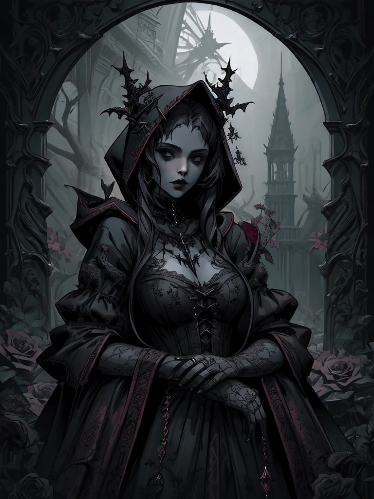 a woman with a hood and roses in her hair, dark fantasy style art, in style of dark fantasy art, gothic fantasy art, dark fantasy art, dark fantasy art, gothic maiden, she is the queen of black roses, dark fantasy mixed with realism, dark fantasy style, gothic maiden of the dark, gothic art, Dark digital art, but detailed, dark fantasy artwork