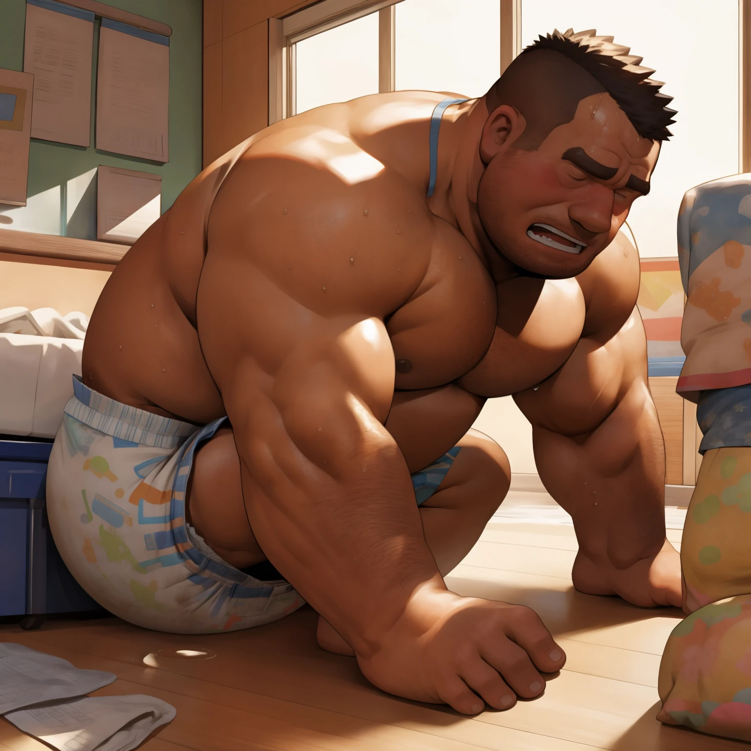 masterpiece, Top quality, in 32K, perfect anatomy, hyper detailed, super fine illustration, The thick man is a brutal prisoner, retarded, hairy human, 50yo in Japan, (fatness: 1.0), Fatty muscle, Bowleg, disappointment, incontinent, be diaper check by children, waddle, There is a small puddle under him, incontinent, Naked, short legs, Bowleg, spread legs, wear a White cloth Diaper, Bare belly, Bare legs, Bare foots, Bare soles, Shirtless, wide forehead and short thinning hair, Man with round face with stubble, Bare foots, Bare soles, shy, sissy, Weaker than children, Drool, Round face, steams, Solo, He enters nursery school and is despised by children, He surrounded by children, His bottom is wet, Bare foots, big butt, he is scolded by the children, White Diaper, He surrounded by children, sobbing, wear a White cloth Diaper, shirtless, There is a small puddle under him, He enters nursery school and is despised by children, big butt, sobbing, He crawling to go to children, on all fours, side view