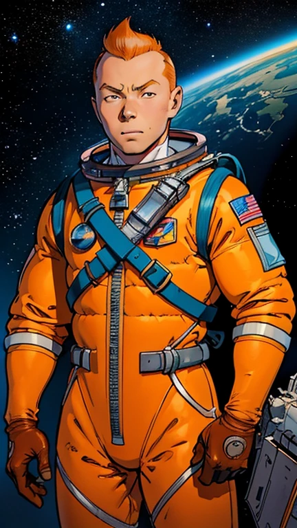 (Teens:1man: Tintin), (extremely detailed CG unit 8k wallpaper),(master part), (best quality), (ultra detali), (best illustration),(Silvestri), cowboy shot, (Sharp eyeliner, ombre, detailed eyes:1),Dark midnight derelict spaceship interiors background, ,break , (astronaut in an orange space suit), upper body, short hair, orange hair