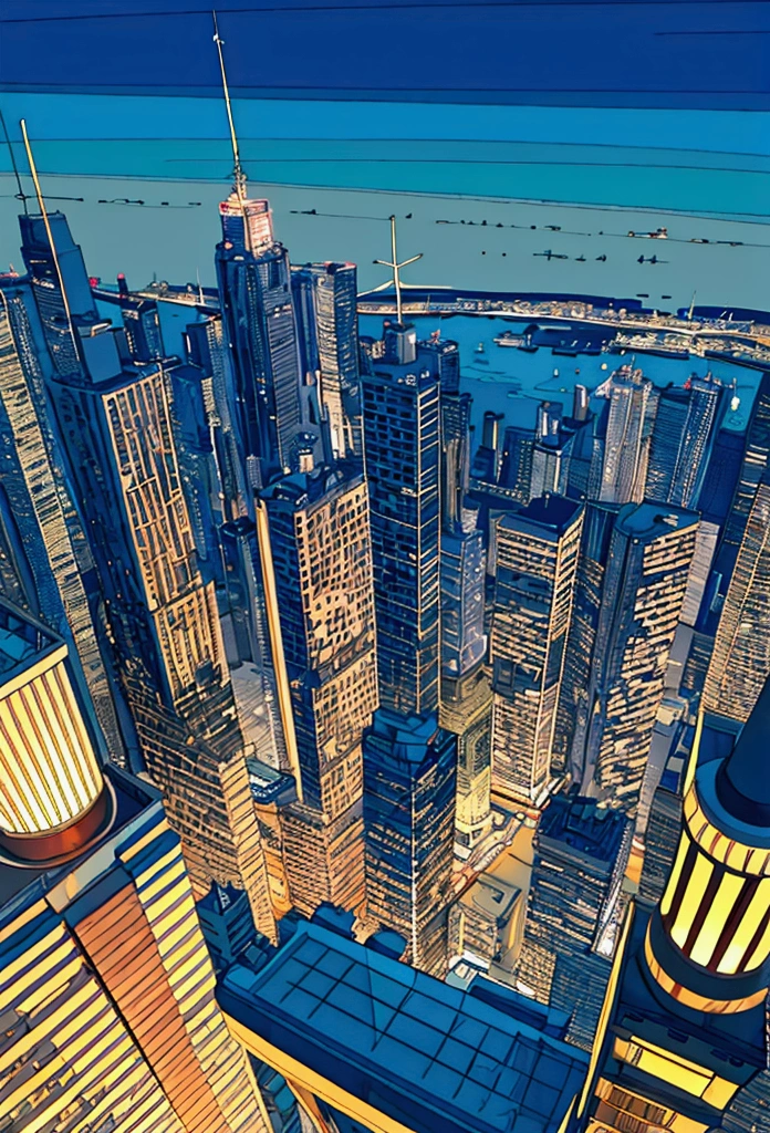 create a coastal character on top of a building looking at the city at night

