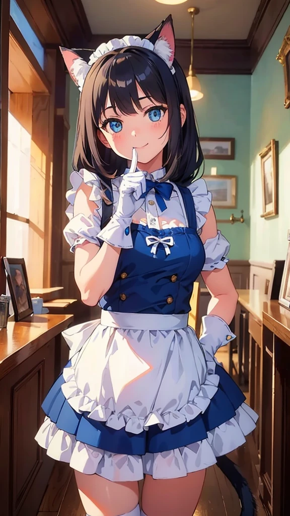 best quality, masterpiece, extremely detailed, adorable girl in a blue and white cat-themed maid outfit, with cat ears, a tail, and paw gloves, posing with a playful expression, standing in front of a vintage cafe, cinematic composition, trending on ArtStation, adorable smile