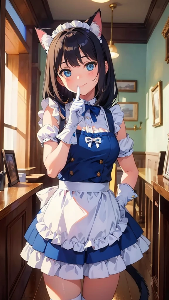 best quality, masterpiece, extremely detailed, adorable girl in a blue and white cat-themed maid outfit, with cat ears, a tail, and paw gloves, posing with a playful expression, standing in front of a vintage cafe, cinematic composition, trending on ArtStation, adorable smile