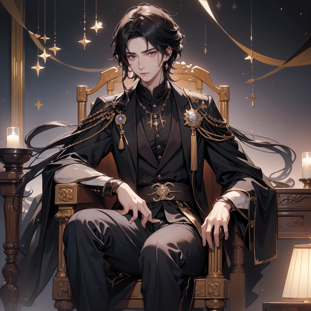 black hair, there is a man sitting on a throne in a castle, sakimichan, cai xukun, inspired by Zhang Han, handsome anime pose, sakimichan frank franzzeta, delicate androgynous prince, beautiful androgynous prince, inspired by Yanjun Cheng, anime handsome man, (sfw) safe for work, black suit