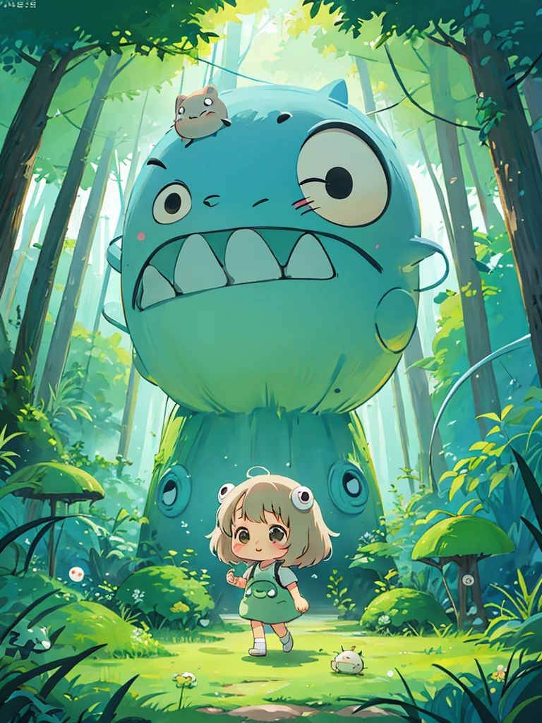 Hayao Miyazaki style, Kawaii Design, The most beautiful girl of all time、chibi, (((Cute Aliens))) , (((stroll))), Totoro Forest