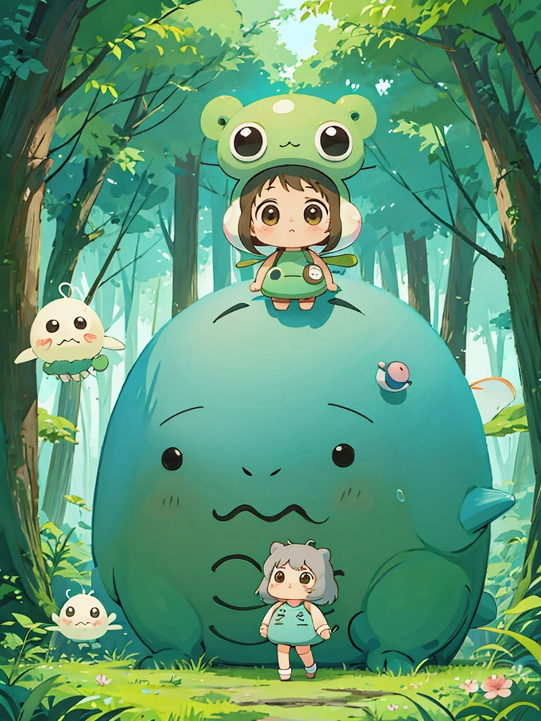 Hayao Miyazaki style, Kawaii Design, The most beautiful girl of all time、chibi, (((Cute Aliens))) , (((stroll))), Totoro Forest