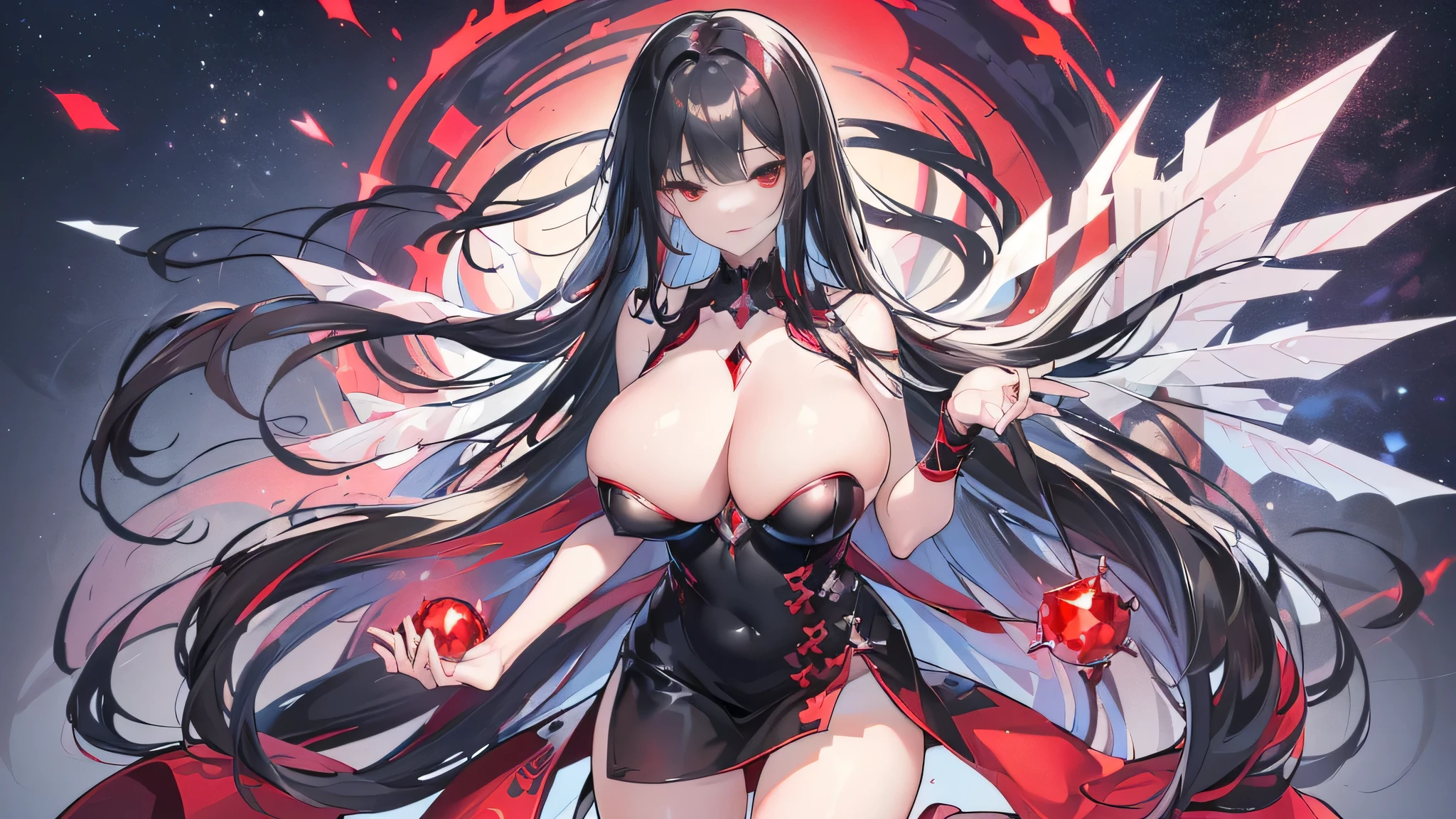 Exquisite eyes),(Clear and beautiful eyes:1.61),masterpiece, 1 young girl,(Black clothes and some red gems), Black long hair, (She has a huge red gem on her chest), Good Hand,((The Havoc of StarCraft)),full-body shot,Fighting Stance,(Red Eyes:1.466)，short and small,(Very big breasts:1.35),(Pretty Face),(full-body shot:1.33),Beautiful hands