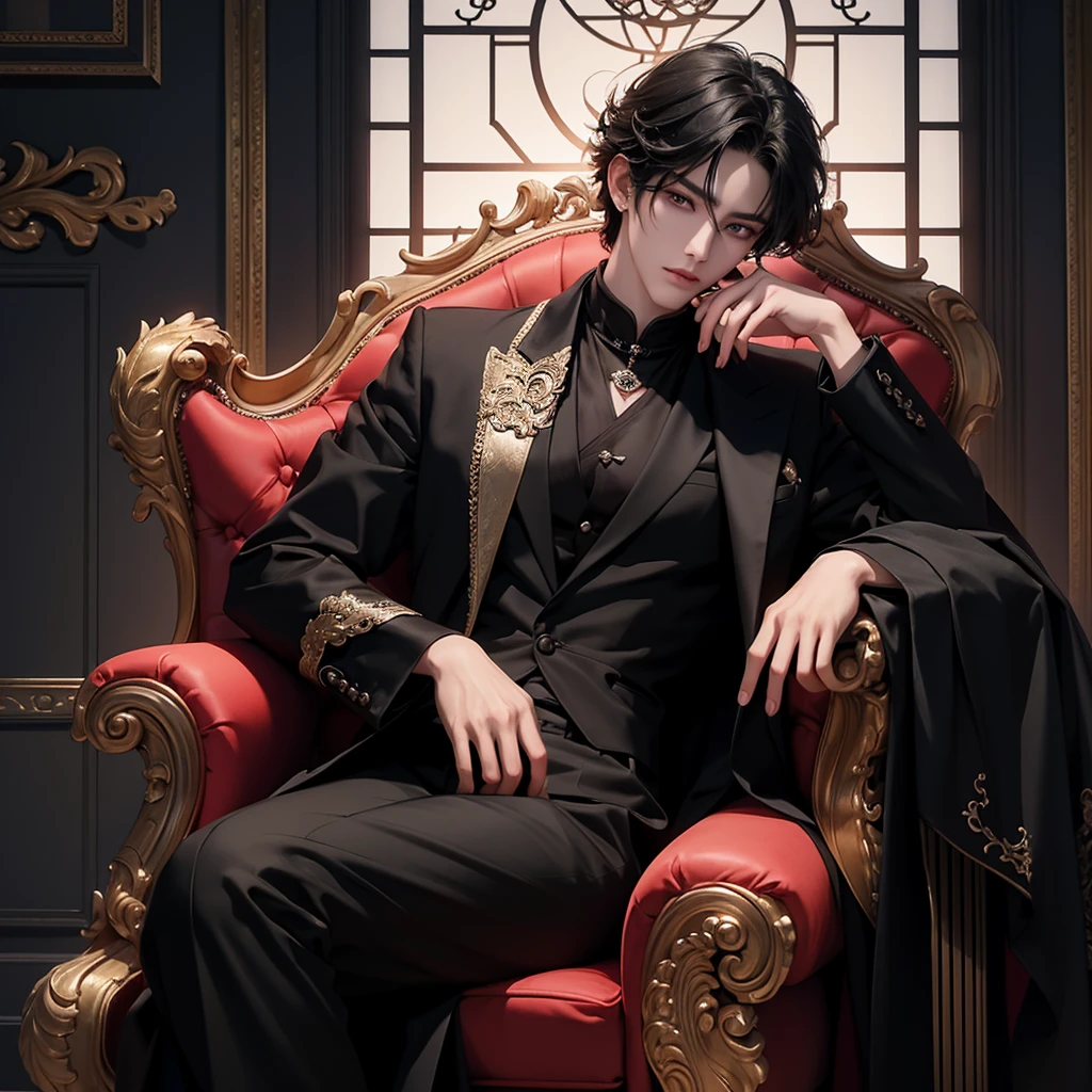 black hair, there is a man sitting on a throne in a castle, sakimichan, cai xukun, inspired by Zhang Han, handsome anime pose, sakimichan frank franzzeta, delicate androgynous prince, beautiful androgynous prince, inspired by Yanjun Cheng, anime handsome man, (sfw) safe for work, black suit