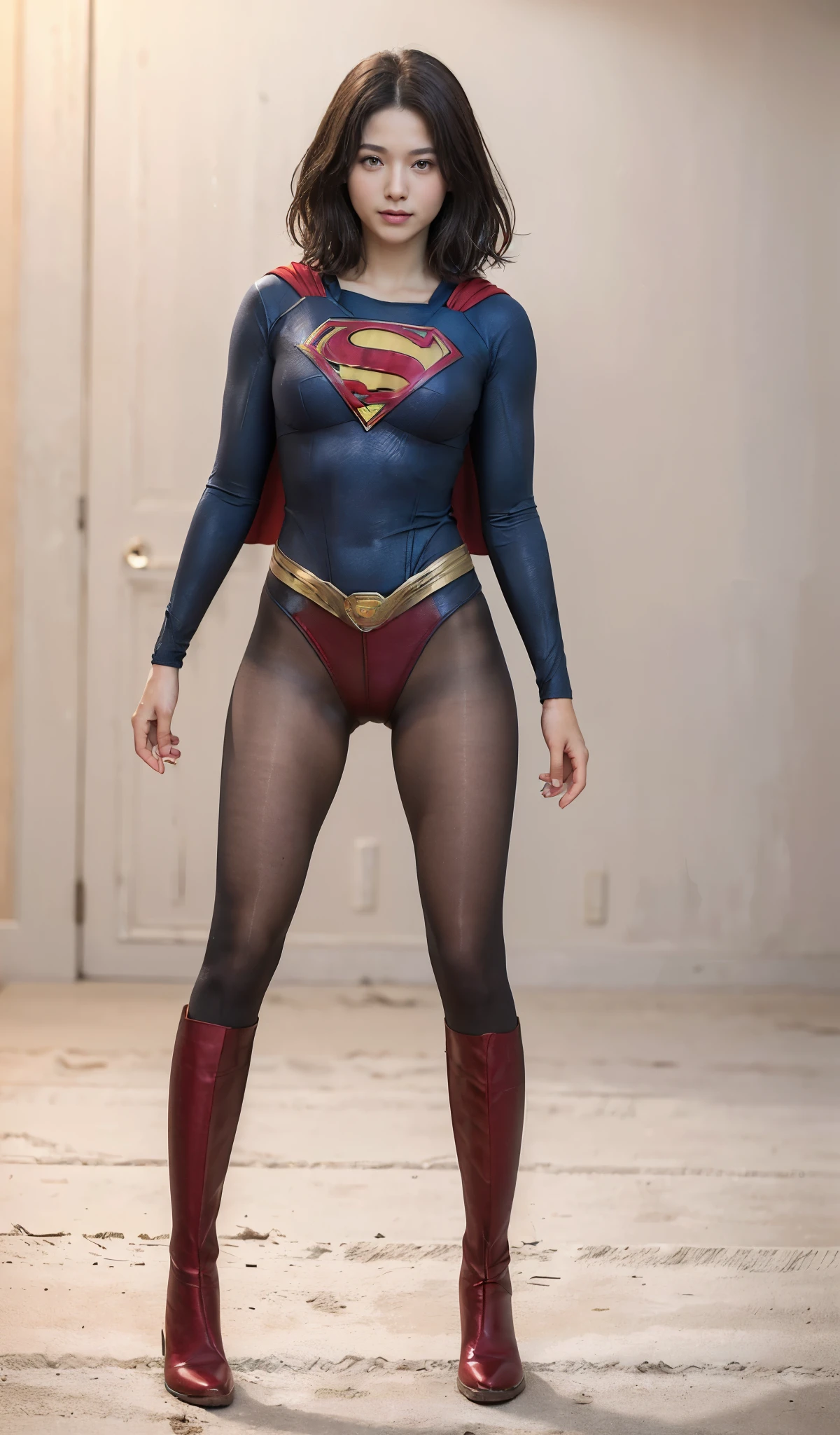 No background、She always has her mouth open、She always has a sad look on her face、Always close your eyes、(((Beautiful legs in black tights.)))、(((Stretch your legs、expensive、Showing a beautiful smile)))、((((Make the most of your original images)))、(((Supergirl Costume)))、(((Beautiful Short Hair)))、(((Suffering face)))、(((Black tights legs、Wear red boots)))、((Best image quality、8k))、((Highest quality、8k、masterpiece:1.3))、(((Preserve background )))、Sharp focus:1.2、Beautiful woman with perfect figure:1.4、Slim Abs:1.2、Wet body:1.5、Highly detailed face and skin texture、8k