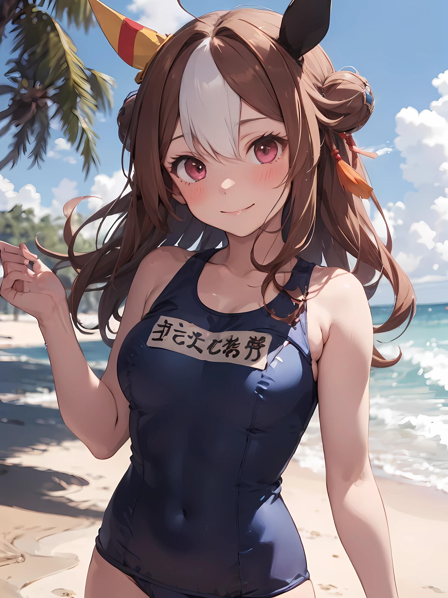 (NSFW:1.1), (masterpiece, best quality, perfect face:1.4) looking at viewer , walking, smile, blush, copano rickey \(umamusume\), (School swimsuit:1.2), cowboy shot, beach, Sand castle, tree, wave, wind