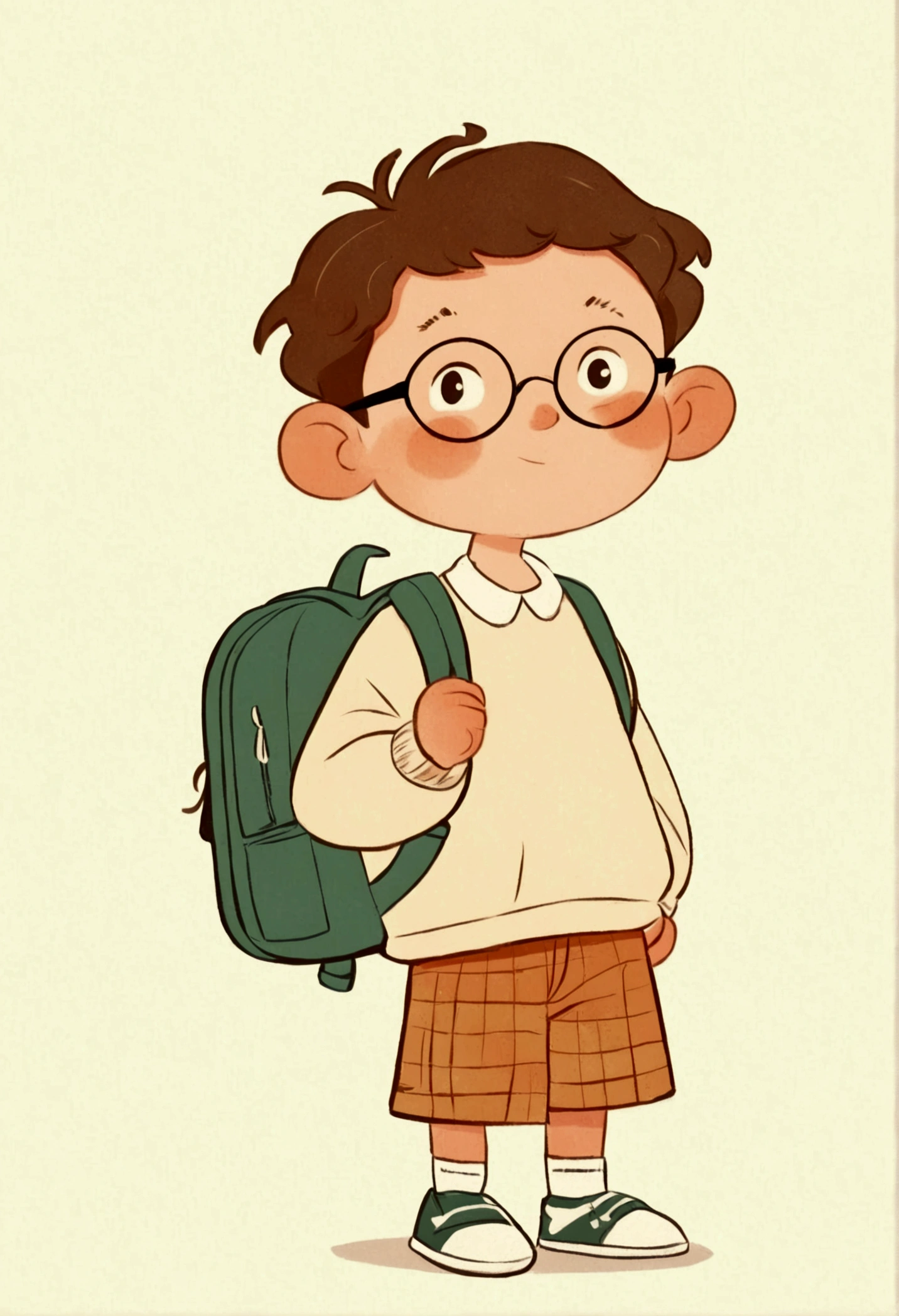cartoon boy with glasses and a backpack standing in front of a white background, cute cartoon character, cute cartoon style, simple cartoon style, cute character, cartoonish vector style, cartoon style illustration, high quality character design, minimalist cartoon style, cartoonish cute, in cartoon style, cute boy, cartoon art style, ???, boy with neutral face, cartoon portrait, cute cartoon