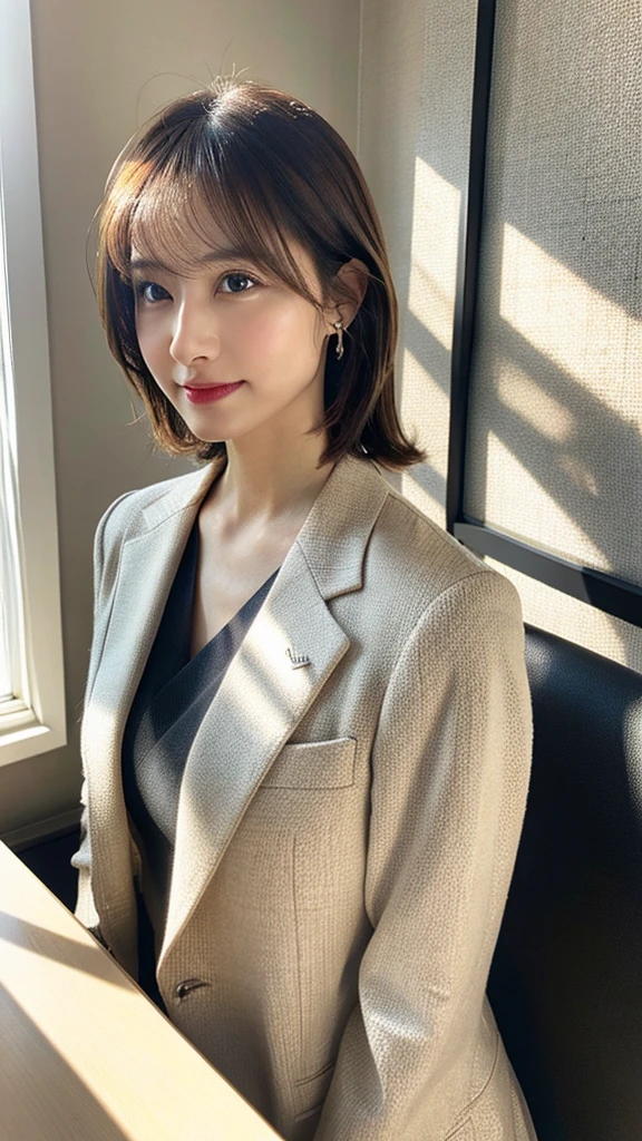 （（（Inside the company）））、Wearing a business jacket,look at the camera with a smile、（Panties:1.5）、woman, 20-year-old, Short Hair,私のPantiesを露出させてください...、(レースのPantiesー)、(Tilt your head a little)、Detailed skin、Detailed skin、Detailed Sweat