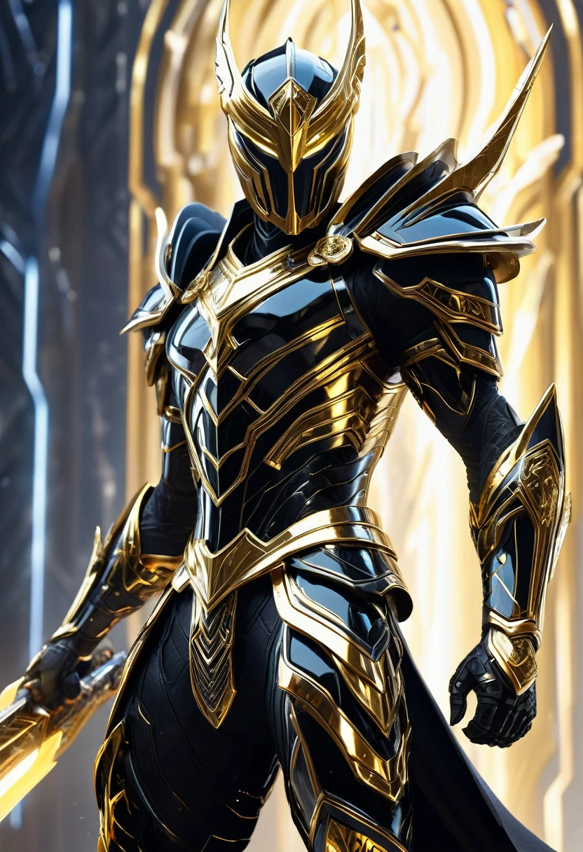 Create an image of a futuristic, black and gold skin-clad warrior, with intricate metallic armor detailing, wielding a sleek energy sword, standing triumphantly atop a towering crystal formation, casting an ethereal energy aura.
