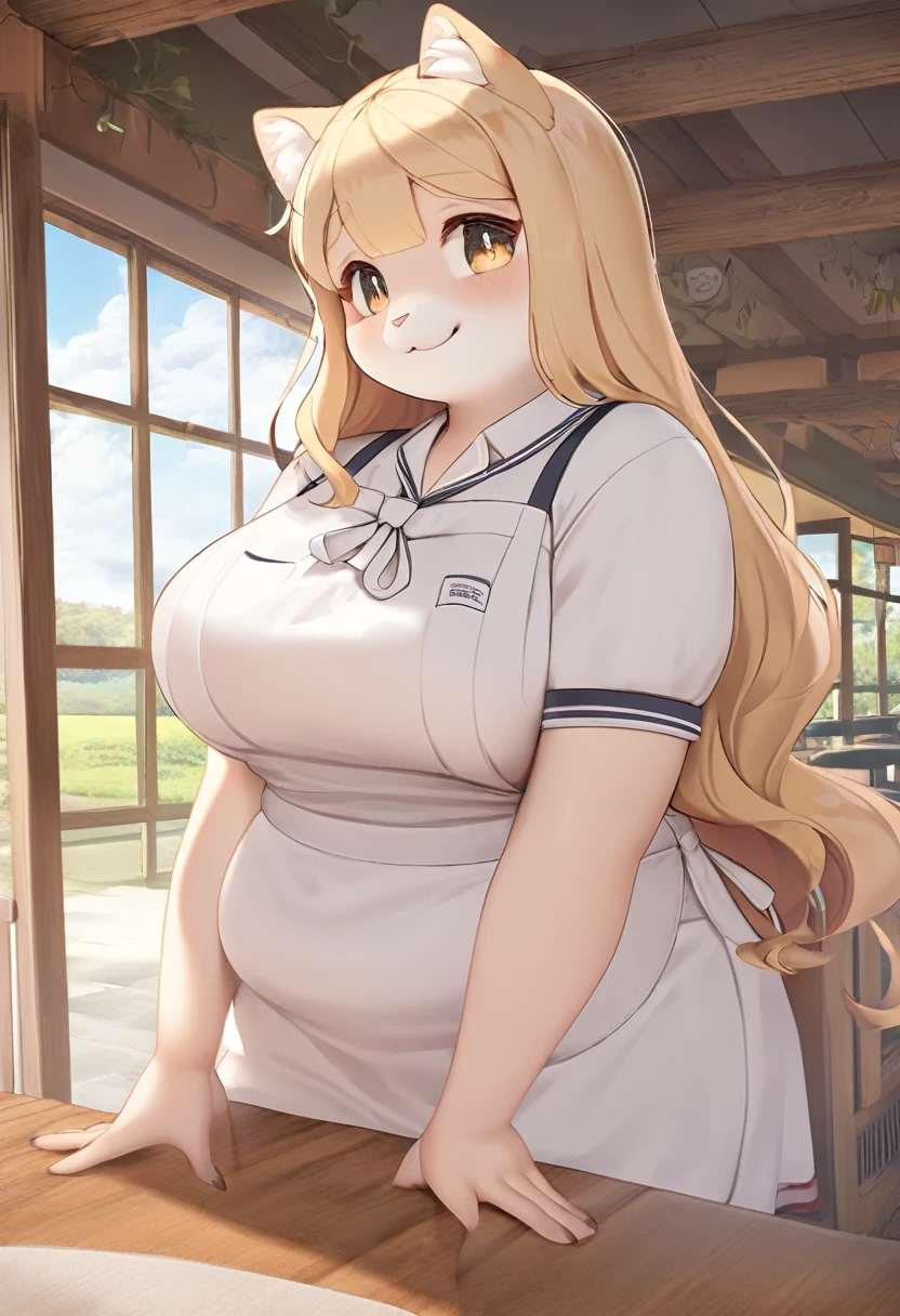 masterpiece、Very detailed、High resolution、8k、Fat face、Cat People、snub nose, Chubby body type、Huge 、Bright smile、Fluffy long hair、Blonde、Narrow eyes、Restaurant Uniforms、apron、skirt、Inside the restaurant、Detailed eyes、Detailed skin、Detailed Hair、Outside the field、noon、(Rustic touch),front、