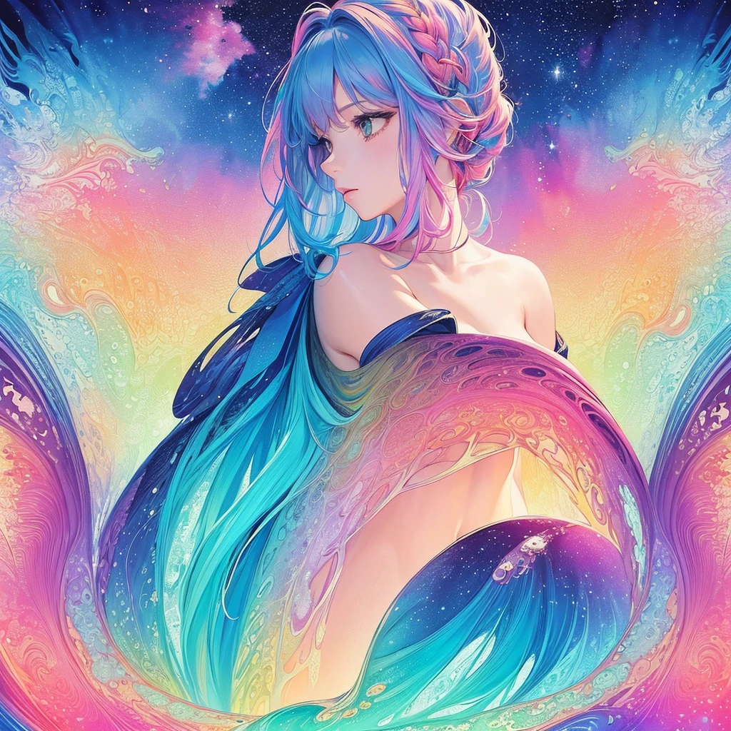 (masterpiece, top quality, best quality,watercolor (medium),official art, beautiful and aesthetic:1.2),(1girl:1.3), (fractal art:1.3),upper body, from side, looking at viewer,patterns,(rainbow color Hair,colorful hair,half blue and half pink hair:1.2),water,liquid, cloud,colorful, starry,stars,
