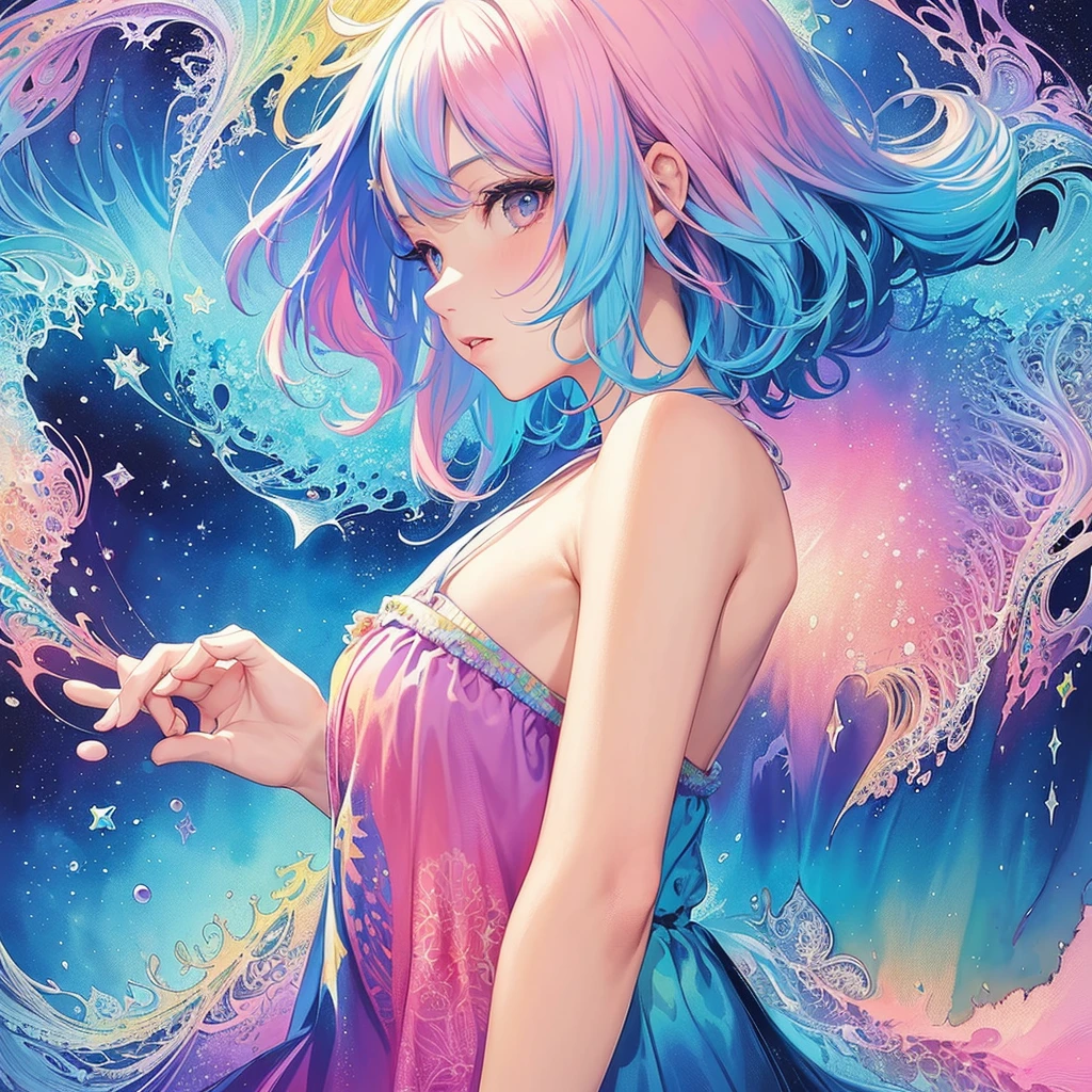 (masterpiece, top quality, best quality,watercolor (medium),official art, beautiful and aesthetic:1.2),(1girl:1.3), (fractal art:1.3),upper body, from side, looking at viewer,patterns,(rainbow color Hair,colorful hair,half blue and half pink hair:1.2),water,liquid, cloud,colorful, starry,stars,