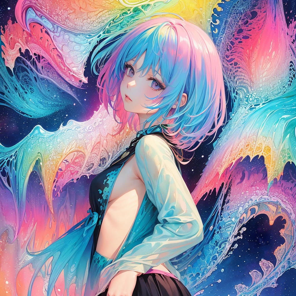 (masterpiece, top quality, best quality,watercolor (medium),official art, beautiful and aesthetic:1.2),(1girl:1.3), (fractal art:1.3),upper body, from side, looking at viewer,patterns,(rainbow color Hair,colorful hair,half blue and half pink hair:1.2),water,liquid, cloud,colorful, starry,stars,