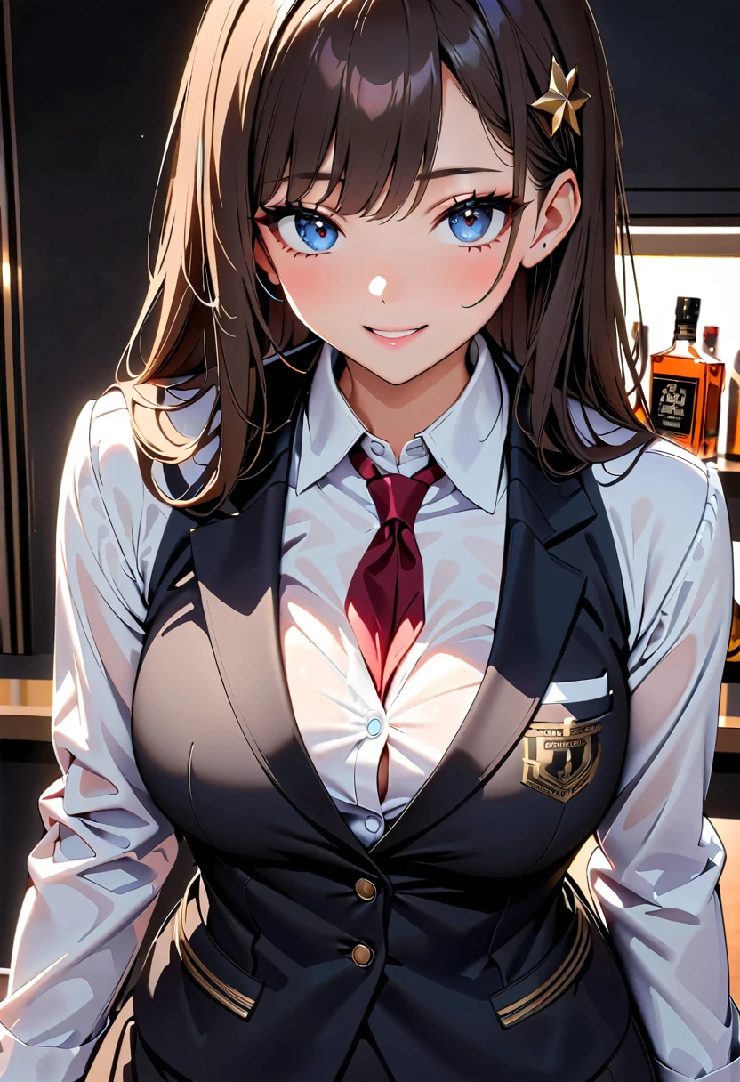 (high quality, 8k, 4k, high contrast, masterpiece:1.2, 最high quality, better aesthetics), ((1 female)), bar, liquor bottle, bartender, Beautiful and detailed eyes and face., An exquisitely crafted hair ornament., real skin glitter, pretty girl, business dress, office dress, きれいに並べられたliquor bottle, luxury label, atmospheric lighting, dark color palette, shoulder length hair, dark brown hair, ((sexy))