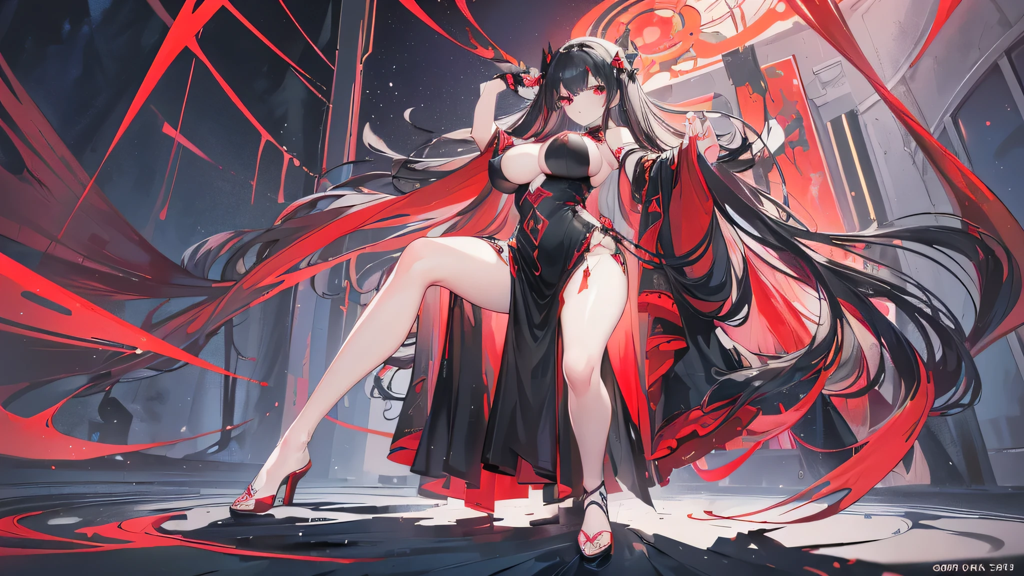 Exquisite eyes),(Clear and beautiful eyes:1.61),masterpiece, ung girl,(Black clothes and some red gems), Black long hair, (She has a huge red gem on her chest), Good Hand,((The Havoc of StarCraft)),full-body shot,Fighting Stance,(Red Eyes:1.466),short and small,(Very big breasts:1.35),(Pretty Face),(full-body shot:1.33),Beautiful hands
