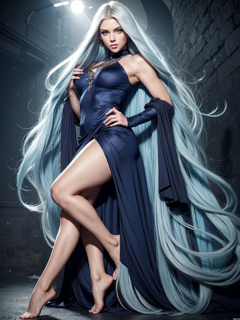 The female character must have: very long sky blue hair that reaches her ankles, big deep blue eyes, profiled and small nose, Small ears, very feminine lips, Your face should be round and your skin should be light., shoulders should be normal feminine, His arms are thin with small hands, his chest must be extremely large., his flat abdomen, must have prominent curves, very thick legs as well as long and finally his feet must be small. Must have a dark blue dress.
