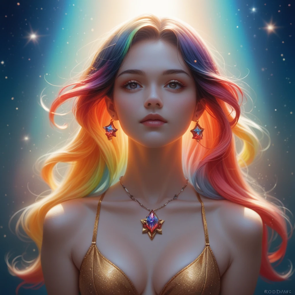 Close-up of a woman with colorful hair and necklace, anime girl with cosmic hair, Rossdraws' soft vitality, Guvez style artwork, fantasy art style, colorful], vibrant fantasy style, Rossdraws cartoon full of vitality, cosmic and colorful, Guweiz, colorful digital fantasy art, stunning art style, beautiful anime style, full body lighting, skin brightening, sexy expression