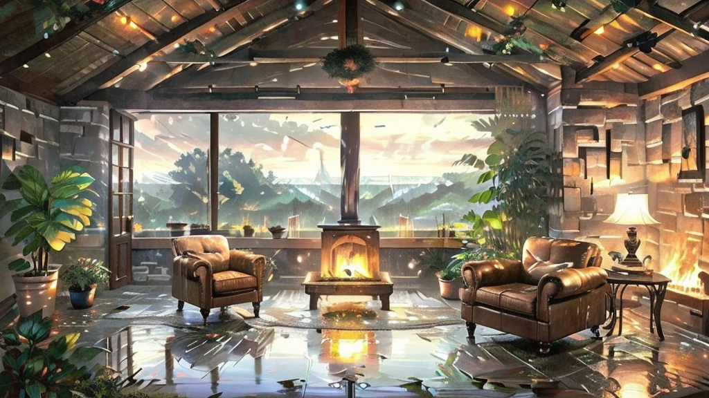 "Create an image of a cozy place with an emphasis on rain falling in the background. The scene must include:

A comfortable living room with a large window that takes up most of the wall, clearly showing the rain falling outside.
Rain must be visible and highlighted, with drops running down the window and possibly a view of puddles of water or wet vegetation outside.
Not inside, include a comfortable sofa or armchair with a soft throw, next to a burning fireplace or soft lamp.
Add a cup of tea or coffee to a coffee table, an open book, and maybe some indoor plants to create a cozy atmosphere.
Interior lights should be soft and warm, enhancing the feeling of coziness while the rain provides a feeling of tranquility in the background.
The image should convey a feeling of comfort and serenity, with a strong emphasis on the beauty and calm of the rain."