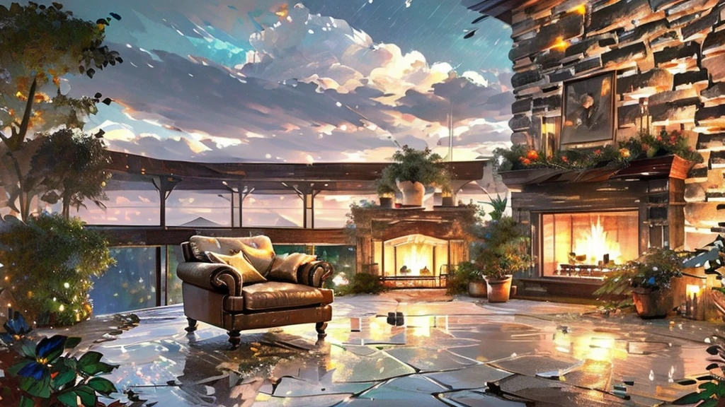 "Create an image of a cozy place with an emphasis on rain falling in the background. The scene must include:
A comfortable living room with a large window that takes up most of the wall, clearly showing the rain falling outside.
Rain must be visible and highlighted, with drops running down the window and possibly a view of puddles of water or wet vegetation outside.
Not inside, include a comfortable sofa or armchair with a soft throw, next to a burning fireplace or soft lamp.
Add a cup of tea or coffee to a coffee table, an open book, and maybe some indoor plants to create a cozy atmosphere.
Interior lights should be soft and warm, enhancing the feeling of coziness while the rain provides a feeling of tranquility in the background.
The image should convey a feeling of comfort and serenity, with a strong emphasis on the beauty and calm of the rain."