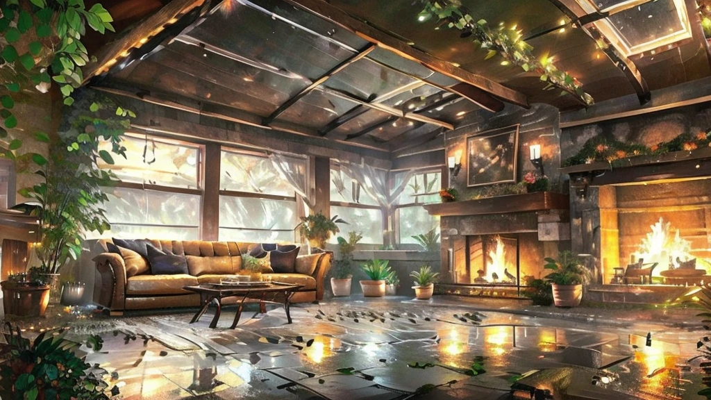 "Create an image of a cozy place with an emphasis on rain falling in the background. The scene must include:
A comfortable living room with a large window that takes up most of the wall, clearly showing the rain falling outside.
Rain must be visible and highlighted, with drops running down the window and possibly a view of puddles of water or wet vegetation outside.
Not inside, include a comfortable sofa or armchair with a soft throw, next to a burning fireplace or soft lamp.
Add a cup of tea or coffee to a coffee table, an open book, and maybe some indoor plants to create a cozy atmosphere.
Interior lights should be soft and warm, enhancing the feeling of coziness while the rain provides a feeling of tranquility in the background.
The image should convey a feeling of comfort and serenity, with a strong emphasis on the beauty and calm of the rain."