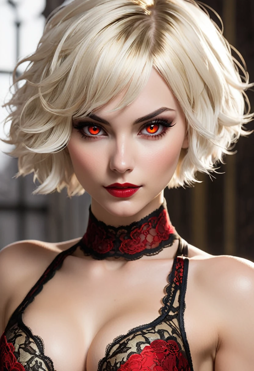 Vampire. Female. Athletic figure. White blonde, short hair. Red eyes. Gold black, lace underwear. Cropped, cleavage.