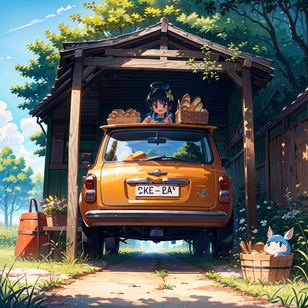 {{{Masterpiece, highest quality, high resolution background}}}, bright and beautiful atmosphere, 3 girls (2 years old, 1 short-tempered round face), 1 boy, 1 (hair, surface effects), poverty Breasts, kitchen car, large amount of bread, poster girl, one girl, solo, portrait, smile, holding a bucket of bread, ivy, grassland, blue sky, apron, signboard, retro blue-green car, picnic, Mini pig in a cage, mini pig on top of a car, "deltamon_sdXL :0.73) >Deltamon"