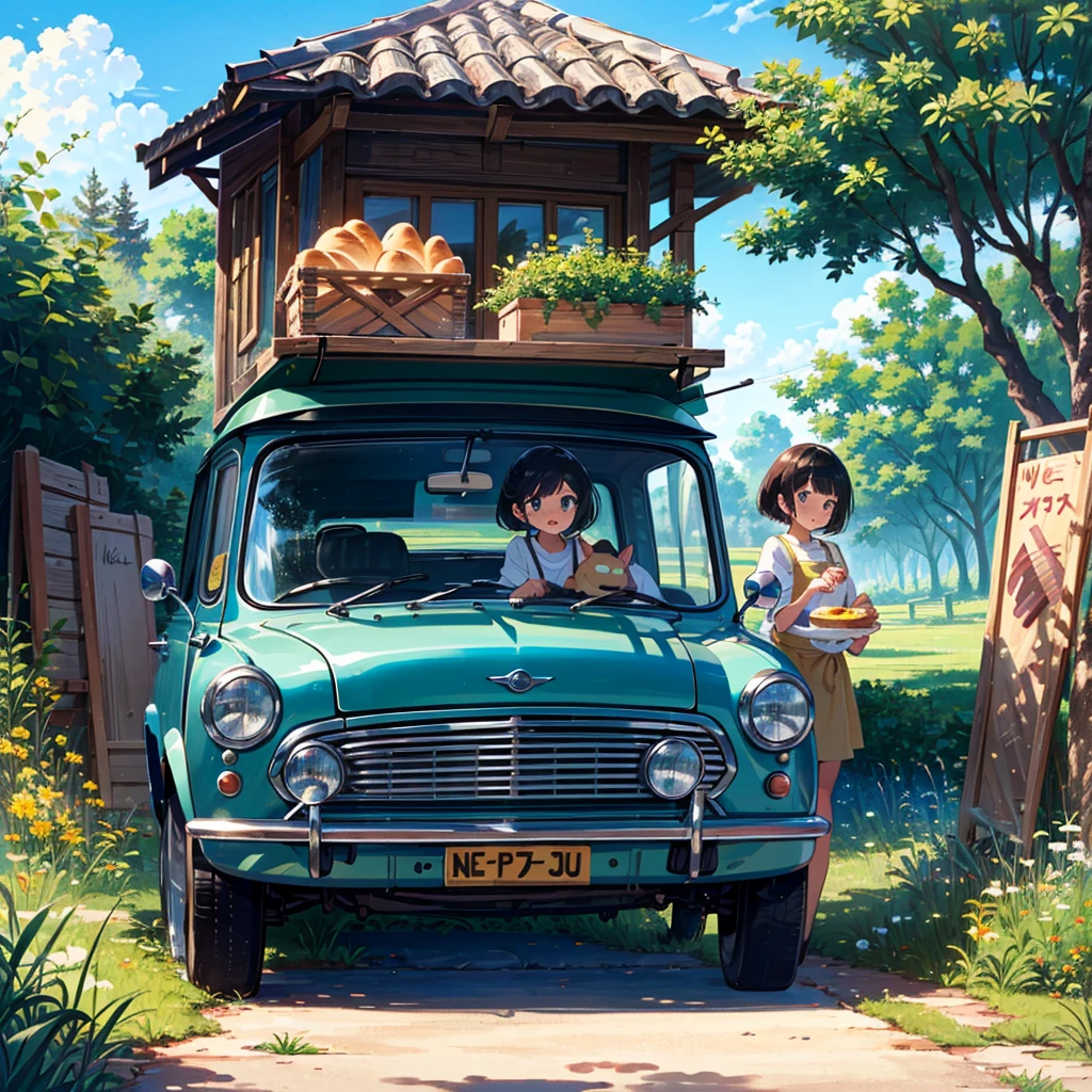 {{{Masterpiece, highest quality, high resolution background}}}, bright and beautiful atmosphere, 3 girls (2 years old, 1 short-tempered round face), 1 boy, 1 (hair, surface effects), poverty Breasts, kitchen car, large amount of bread, poster girl, one girl, solo, portrait, smile, holding a bucket of bread, ivy, grassland, blue sky, apron, signboard, retro blue-green car, picnic, Mini pig in a cage, mini pig on top of a car, "deltamon_sdXL :0.73) >Deltamon"