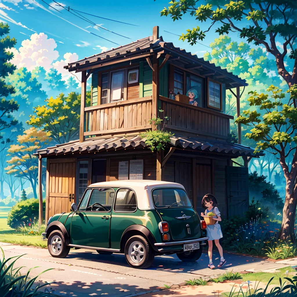 {{{Masterpiece, highest quality, high resolution background}}}, bright and beautiful atmosphere, 3 girls (2 years old, 1 short-tempered round face), 1 boy, 1  (hair, surface effects), poverty Breasts, kitchen car, large amount of bread, poster girl, one girl, solo, portrait, smile, holding a bucket of bread, ivy, grassland, blue sky, apron, signboard, retro blue-green car, picnic, Mini pig in a cage, mini pig on top of a car, "deltamon_sdXL :0.73) >Deltamon"