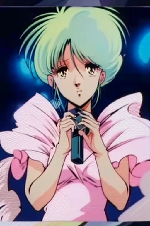 A city pop poster with a retro 80s feel、MZ1TokimatsuriEve,1girl,white hair,short hair,yellow eyes,retro artstyle,1980s (style), pink dress,frill,long_dress,Top quality anime illustrationegaZone23,EVE,The main character is a girl with long yellow-green hair..。Her eyes are glowing blue、 Drawn from a fresh perspective。Create in high resolution like 4K、Creates the feeling of being in a dark room。The room was lit with blue light..、私t has a fantastic atmosphere。The room is a small space of about 1K..、From the window you can see the bustling Shinjuku area.、 A work depicting a city at night enveloped in neon lights.、A record that lets you fully experience the charm of city pop.