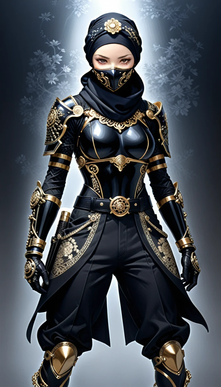(in style of Nick Veasey:1.4),in style of Karol Bak,
1girl,(cowboy_shot:1.3),old japanese ninja,ring background composition,minimalist cherry blossom badge pattern background,
(wrap in a headscarf:1.4),Face Mask: glowing fluorescence bule,Ninja Suit: Dark Navy Blue and Black,Jacket: Black,Pants: Black,Belt: Black or Dark Gray,Leg Wraps: Black,Scarf: dark red,Wrist Guards: Black,Gloves: Black,Straw Sandals: Natural Straw Color or Black,Split-Toe Socks: Black,Shoulder Guards: Black,
(insanely detailed and intricate, hypermaximalist, elegant, ornate, hyper realistic, super detailed:1.1),(dynamic pose:1.3),fighting,