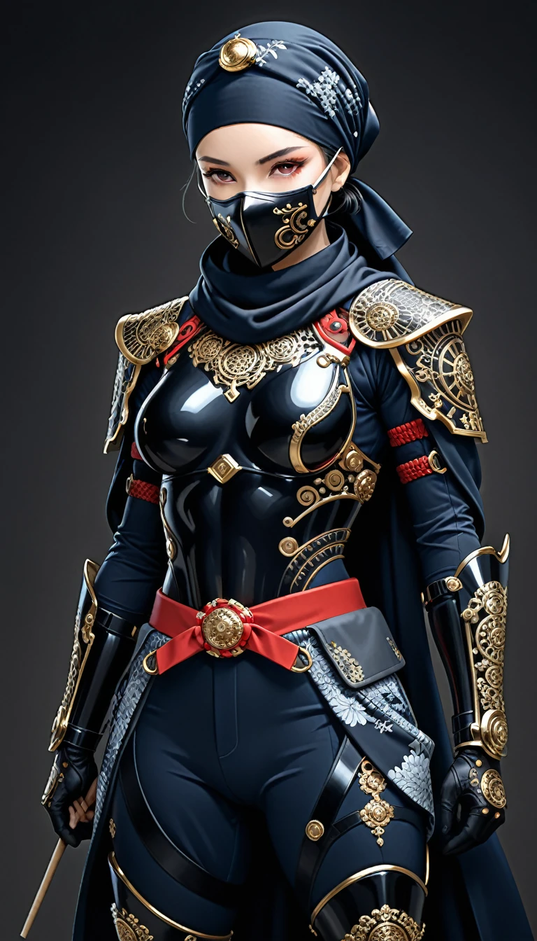(in style of Nick Veasey:1.4),in style of Karol Bak,
1girl,(cowboy_shot:1.3),old japanese ninja,ring background composition,minimalist cherry blossom badge pattern background,
(wrap in a headscarf:1.4),Face Mask: glowing fluorescence bule,Ninja Suit: Dark Navy Blue and Black,Jacket: Black,Pants: Black,Belt: Black or Dark Gray,Leg Wraps: Black,Scarf: dark red,Wrist Guards: Black,Gloves: Black,Straw Sandals: Natural Straw Color or Black,Split-Toe Socks: Black,Shoulder Guards: Black,
(insanely detailed and intricate, hypermaximalist, elegant, ornate, hyper realistic, super detailed:1.1),(dynamic pose:1.3),fighting,