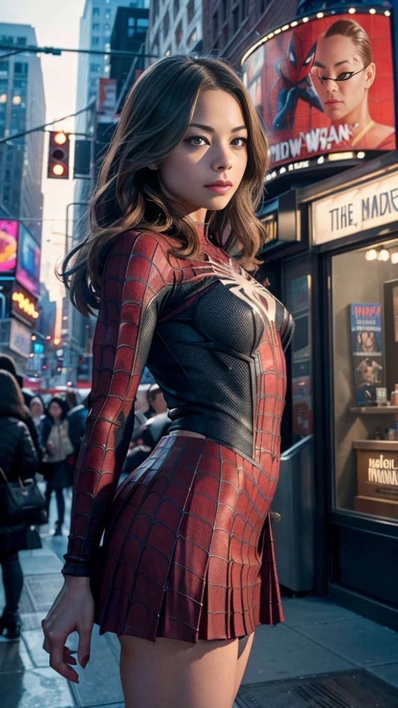 Kristin Kreuk、マーベルコミックの映画Poster、so beautiful、Movies about Spider-Man、sexy、whole body、Wearing a skirt、Premiere Date、Poster、belly buttonを突き出す、new york、She&#39;s wearing a ripped Spiderman suit、The suit is torn、Wearing a skirt、Red and black color scheme、dynamic、masterpiece、Highest quality、Super detailed、Very detailed、Delicate and beautiful shine、Ultra-high resolution、Cinematic、break、breakドロップ、(Torn clothes:1.5)、(Wet clothes:1.4)、Bare shoulders、Real Rain、Wet Hair、belly button、Exposed Skin、sexyな肩を披露