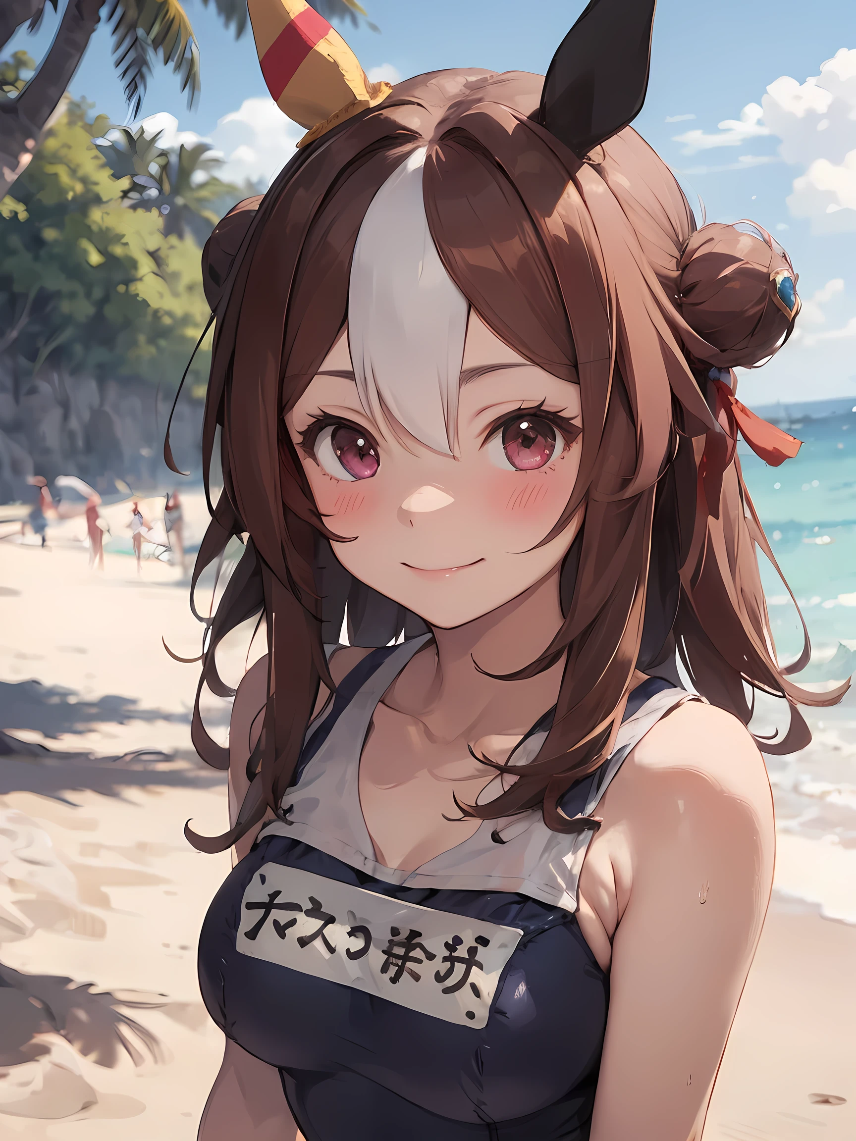 (NSFW:1.1), (masterpiece, best quality, perfect face:1.4) looking at viewer , walking, smile, blush, copano rickey \(umamusume\), (School swimsuit:1.2), cowboy shot, beach, Sand castle, tree, wave, wind