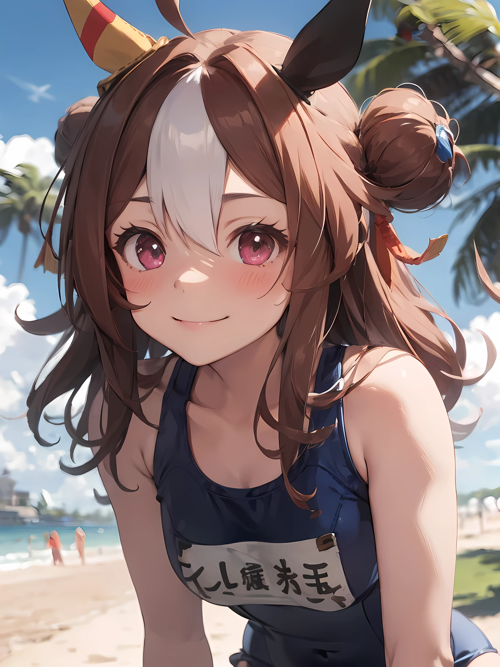 (NSFW:1.1), (masterpiece, best quality, perfect face:1.4) looking at viewer , walking, smile, blush, copano rickey \(umamusume\), (School swimsuit:1.2), cowboy shot, beach, Sand castle, tree, wave, wind