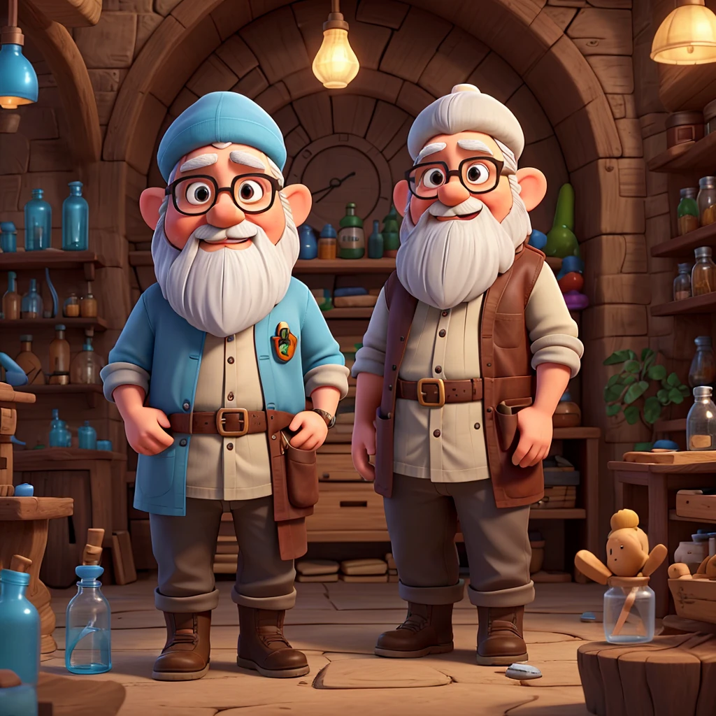 Create an image of a gnome in the Disney Pixar style. The gnome wears a brown beret, has a large, unkempt beard, and white hair and beard. He is wearing large round glasses, a black t-shirt, light blue pants, and a white lab coat. He wears black boots and always has a latex glove on one of his hands. The background features a laboratory situated inside a tree trunk, with lab equipment and jars visible around. The style should be detailed and charismatic, reflecting the gnome's unique personality.